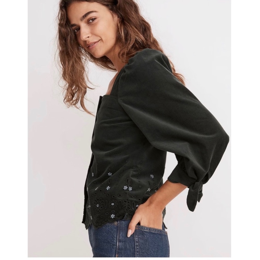 Madewell Dark Green Square-Neck Puff Sleeve Blouse - Picture 2 of 11